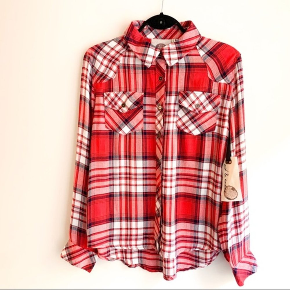 Ash & Ember Avalon Houston Fitted Plaid Flannel Shirt Red Size Small - Picture 2 of 15